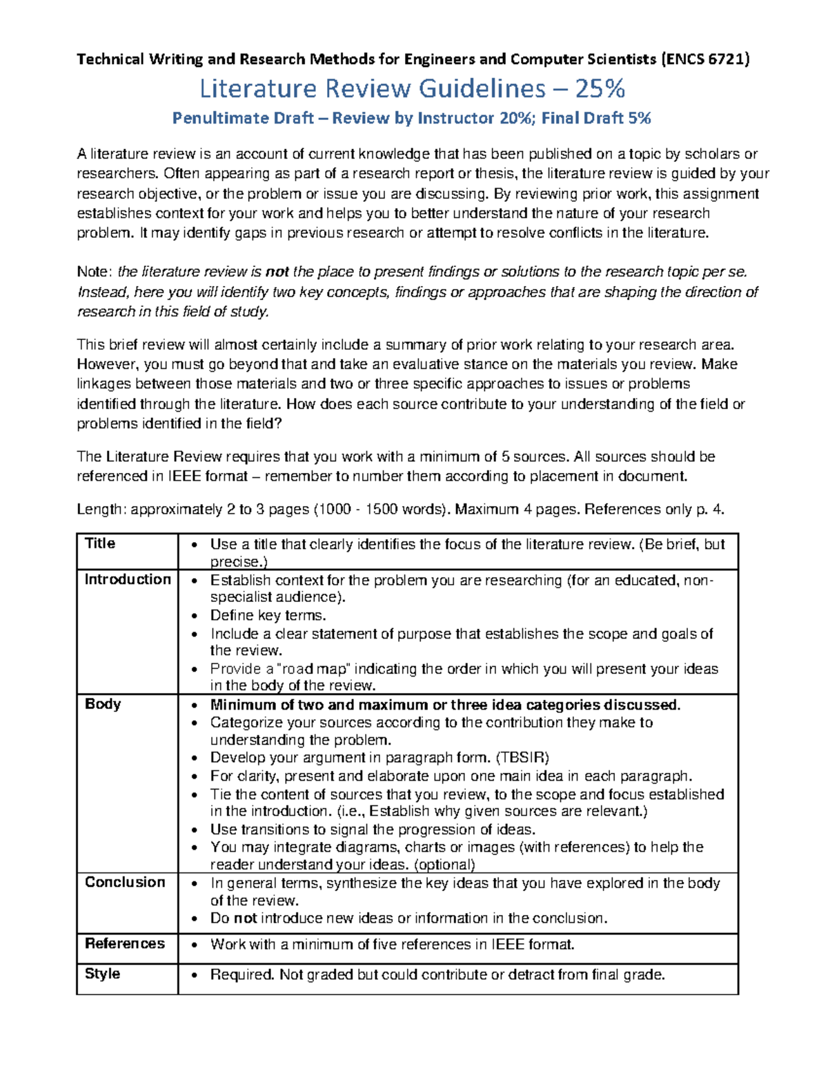 ENCS 6721 Literature Review Guidelines for Engineers and Computer Scientists - Document Preview