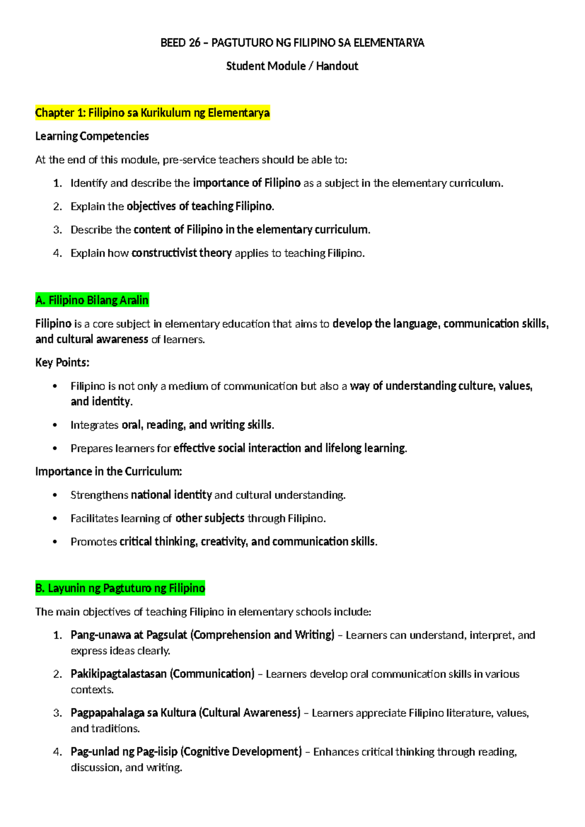 BEED 26 - Pagtuturo ng Filipino sa Elementarya: Student Module Chapters ...