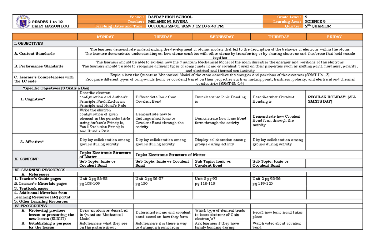 MMR DLL Science 9 Oct28-31 - GRADES 1 to 12 DAILY LESSON LOG School ...
