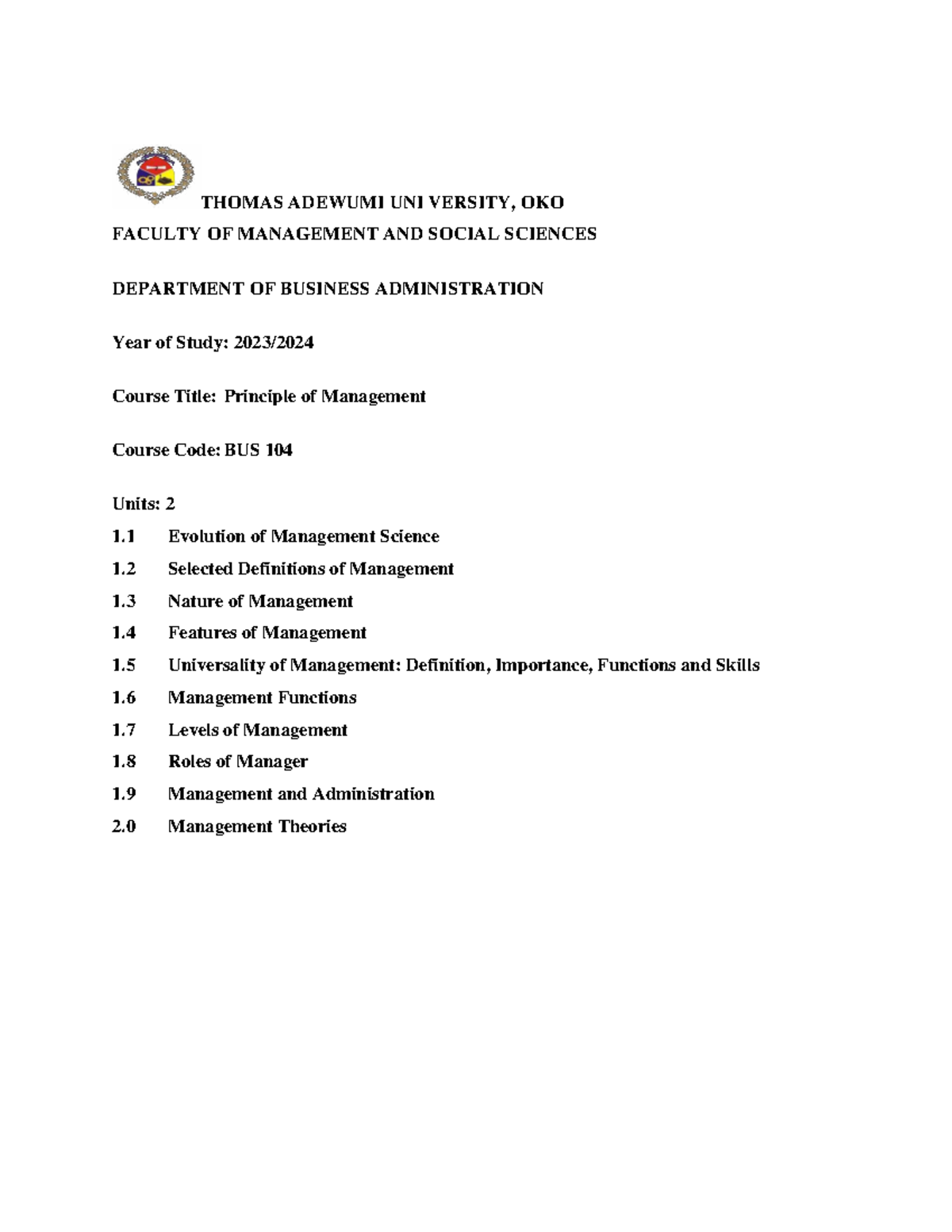BUS 104: Principles of Management - Comprehensive Study Notes - Studocu