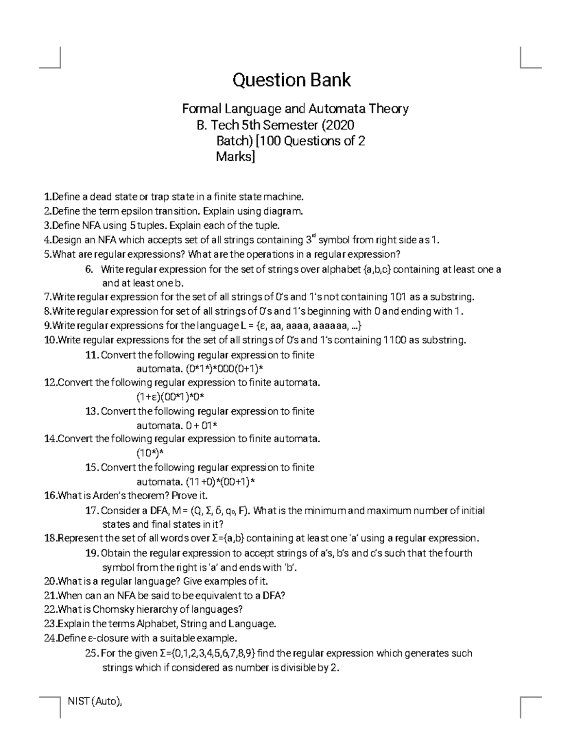 FLAT B. Tech 5th Sem Important Questions on Formal Language and ...