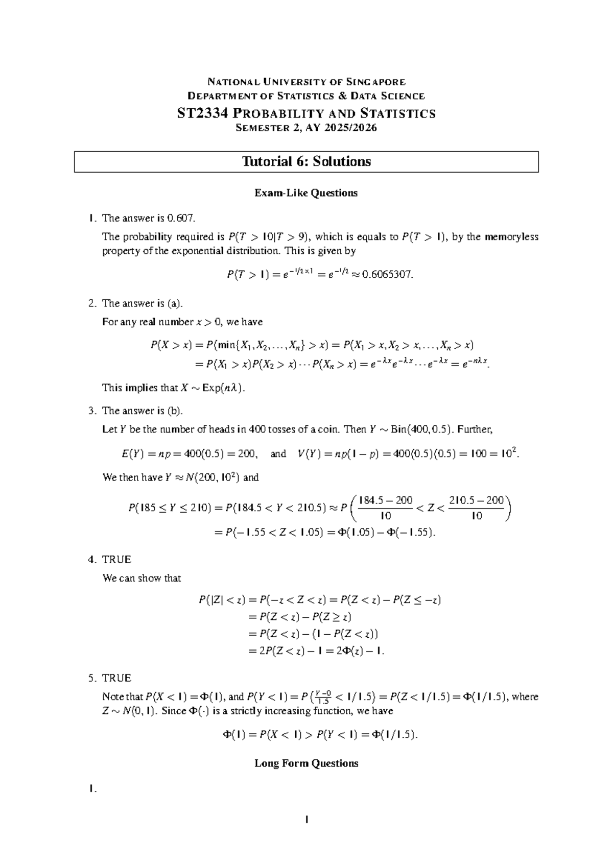 ST2334 Probability and Statistics: Tutorial 6 Solutions - Studocu