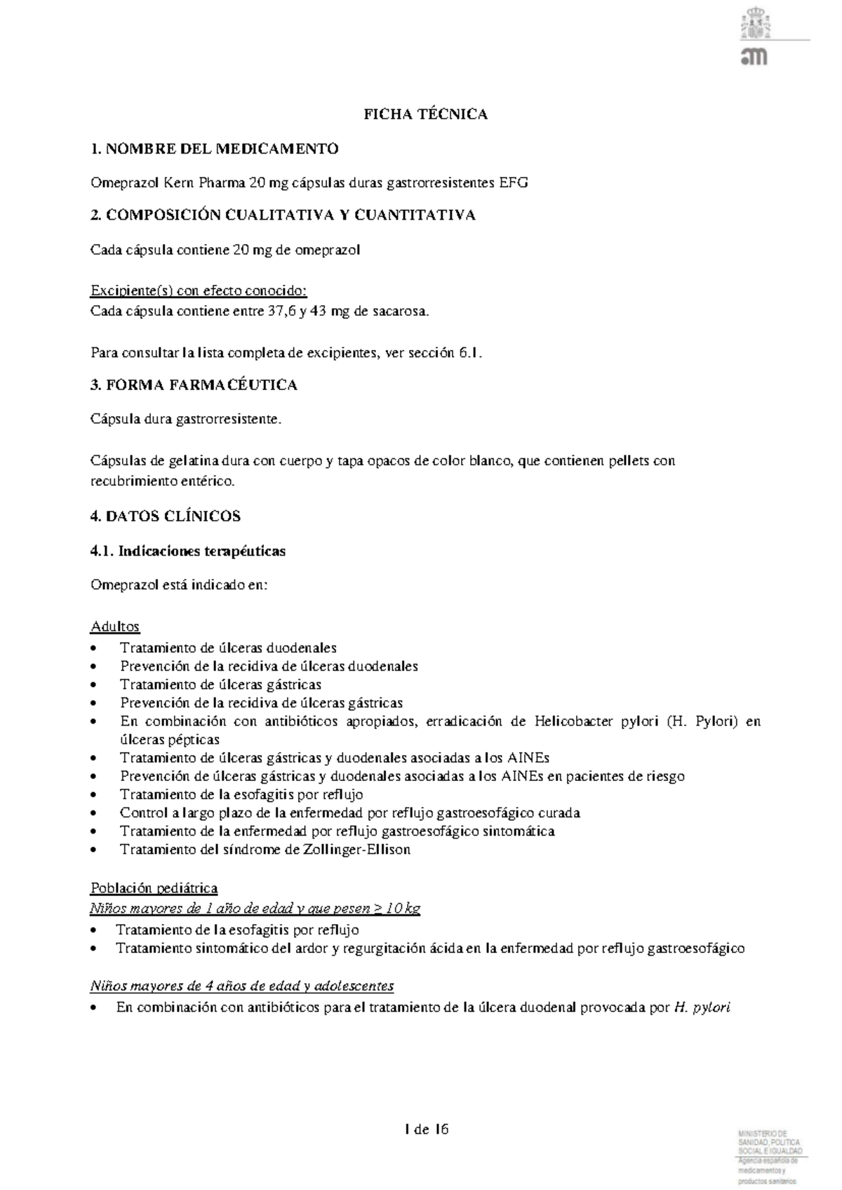 63301 ft - Kdkdk - FICHA TÉCNICA 1. NOMBRE DEL MEDICAMENTO Omeprazol ...