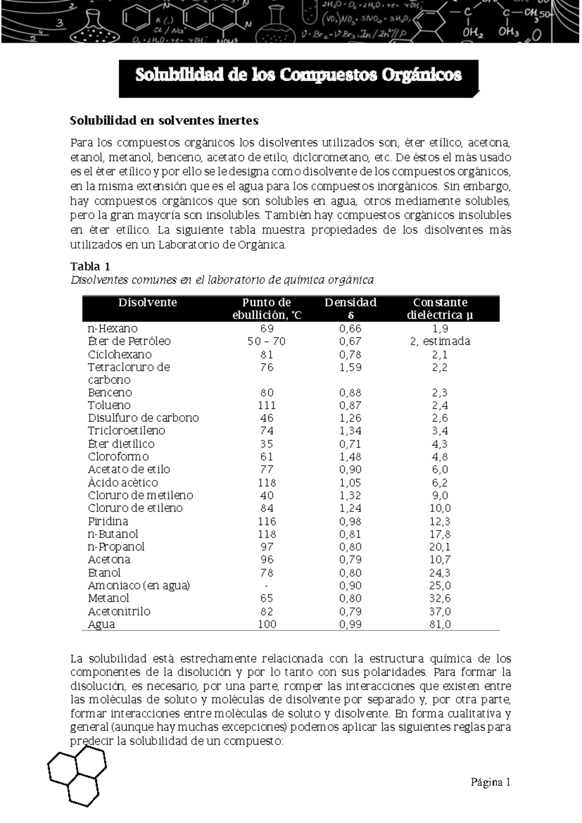 Solubilidad de los Compuestos Orgánicos - Solubilidad en solventes