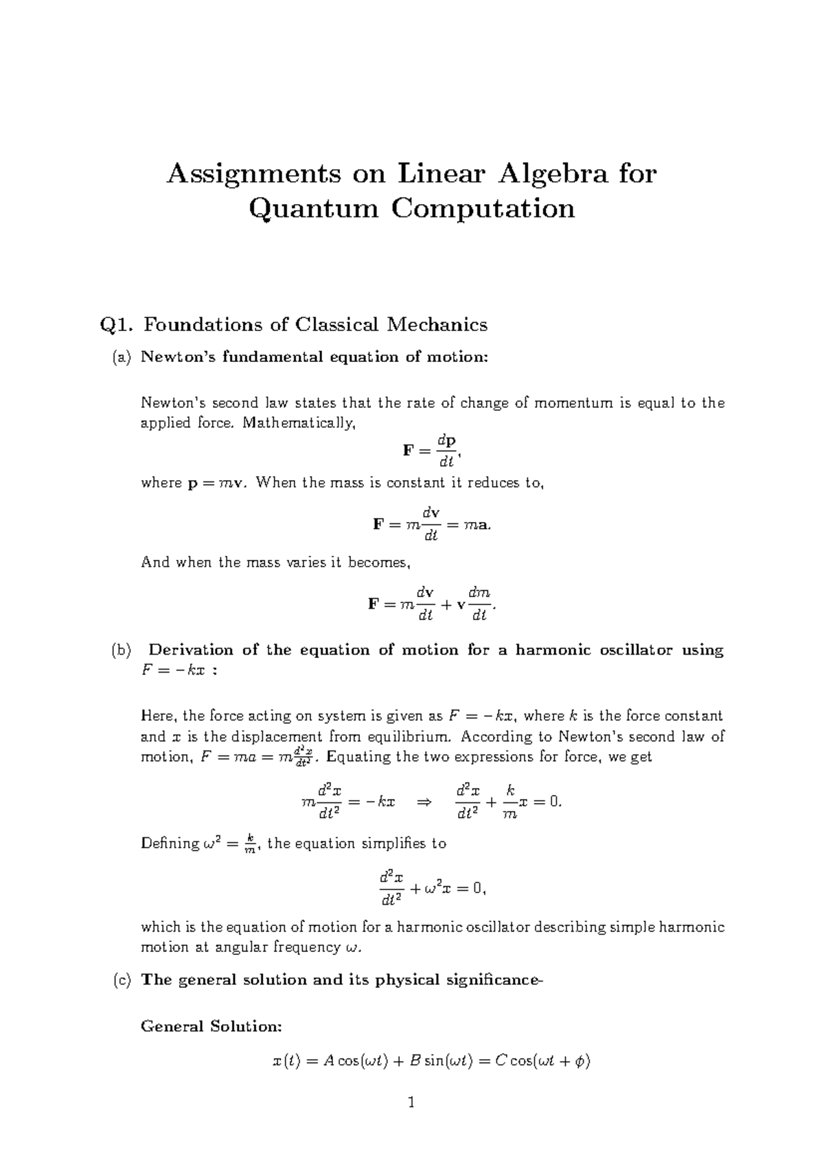 Assignments on Linear Algebra for Quantum Computation Q1-Q5 - Studocu