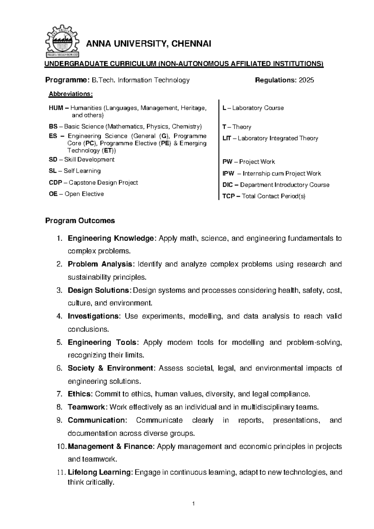 B.Tech. IT Curriculum Syllabus (R2025) - Anna University - Studocu