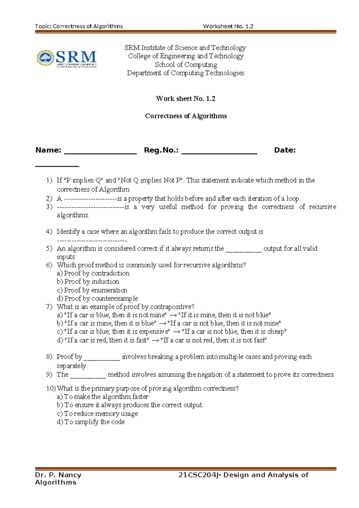 Correctness of Algorithms Worksheet No. 1.2 - SRM Institute - Studocu