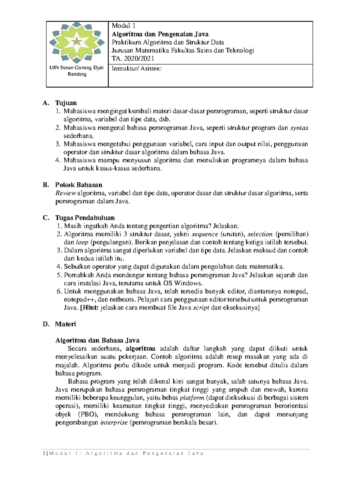 Modul 1: Algoritma dan Pengenalan Java (MATAKULIAH MATH FST) - Studocu
