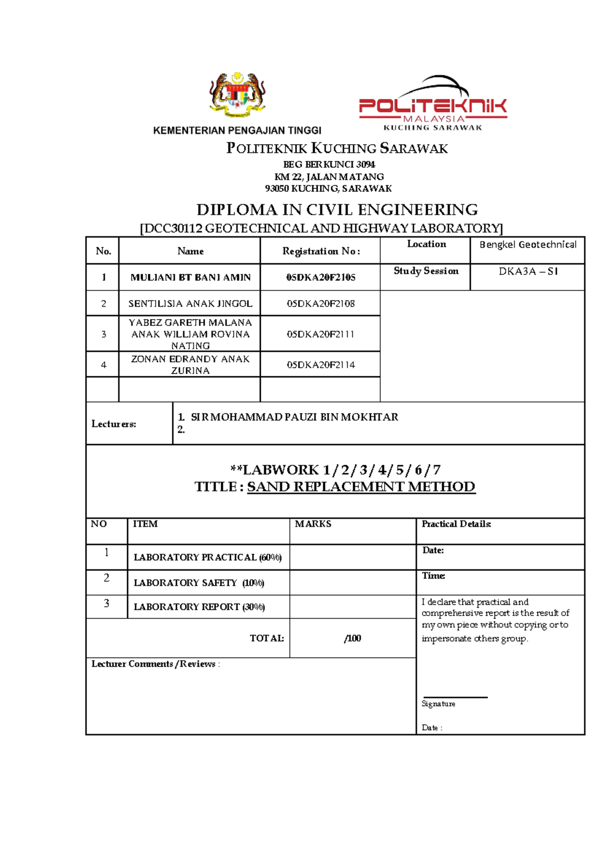 DCC30112 Final Lab Report on Sand Replacement Method - Studocu