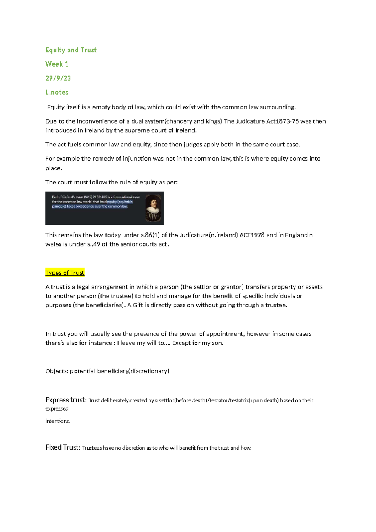Equity and Trusts - Week 1 Lecture Notes (LAW 101) - Studocu
