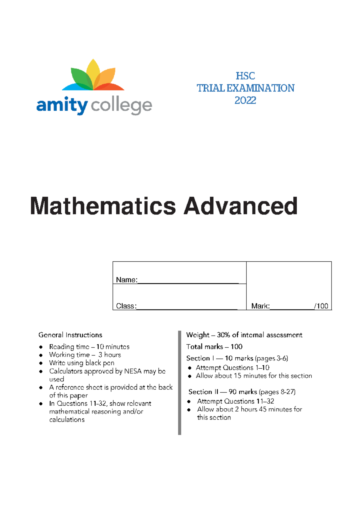2022 Mathematics Advanced Year 12 HSC Trial Final Exam Notes - Studocu
