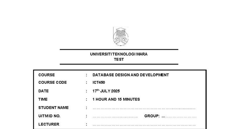 TEST ICT450 DATABASE DESIGN & DEV. EXAM - JULY 2025 - Document Preview