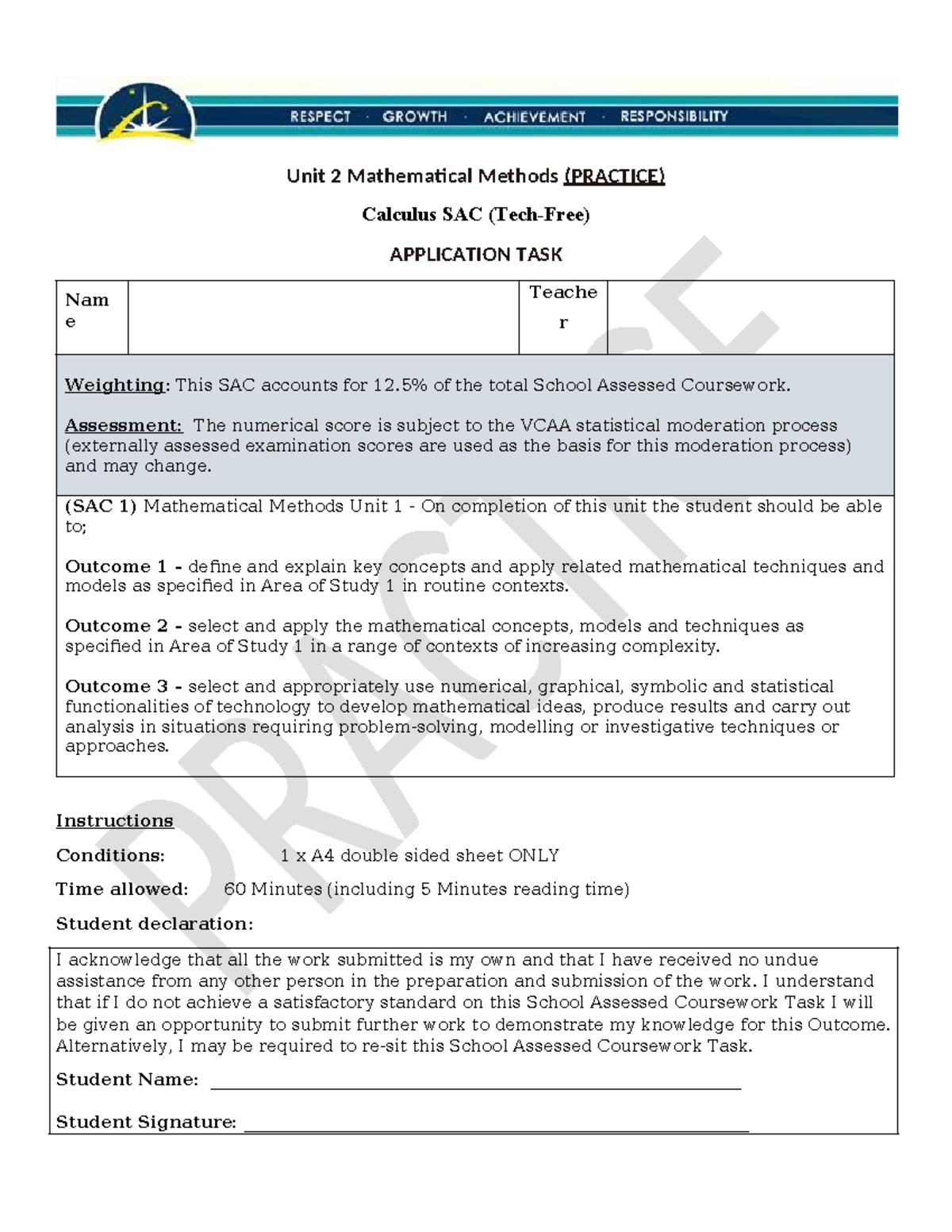2025 Unit 2 Mathematical Methods - Calculus SAC Practice Task - Studocu