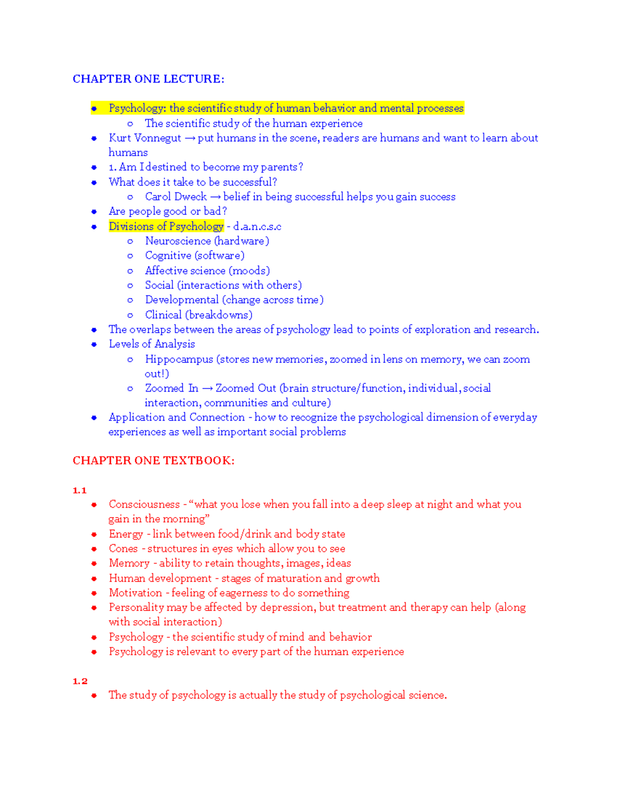 Copy of Psych 101 Exam One All Notes Typed - CHAPTER ONE LECTURE ...
