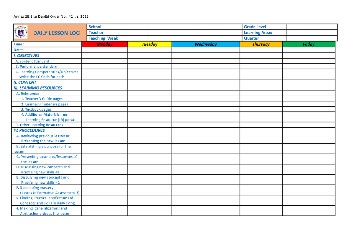 Daily Lesson Log Template for Teachers - DO 42 s. 2016 - Studocu