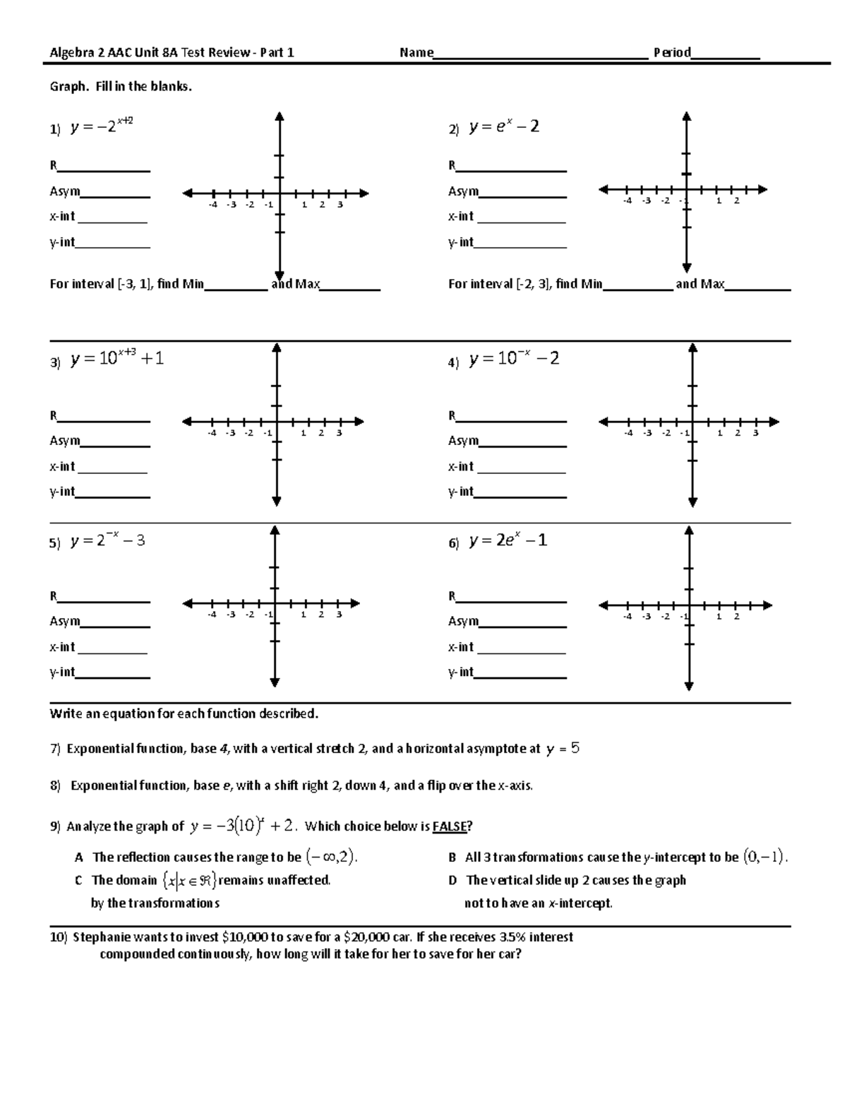 Algebra 2 AAC Unit 8A Test Review: Graphs & Functions Analysis - Studocu