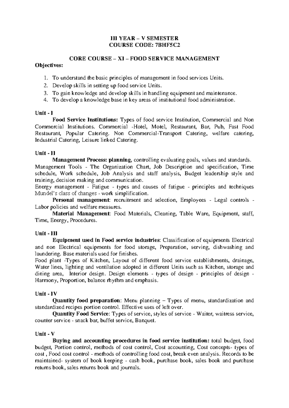 7BHF5C2 Core Course XI: Comprehensive Notes on Food Service Management ...