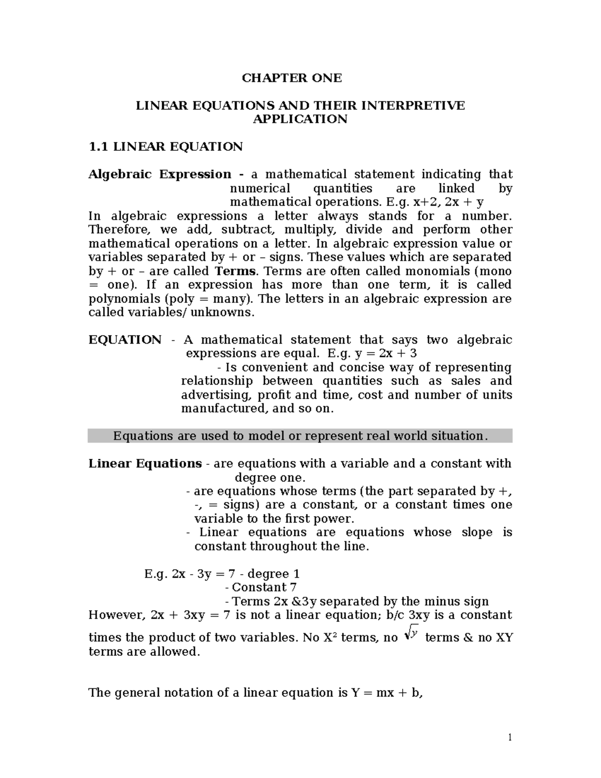 CH-101: Linear Equations and Their Application in Economics - Studocu