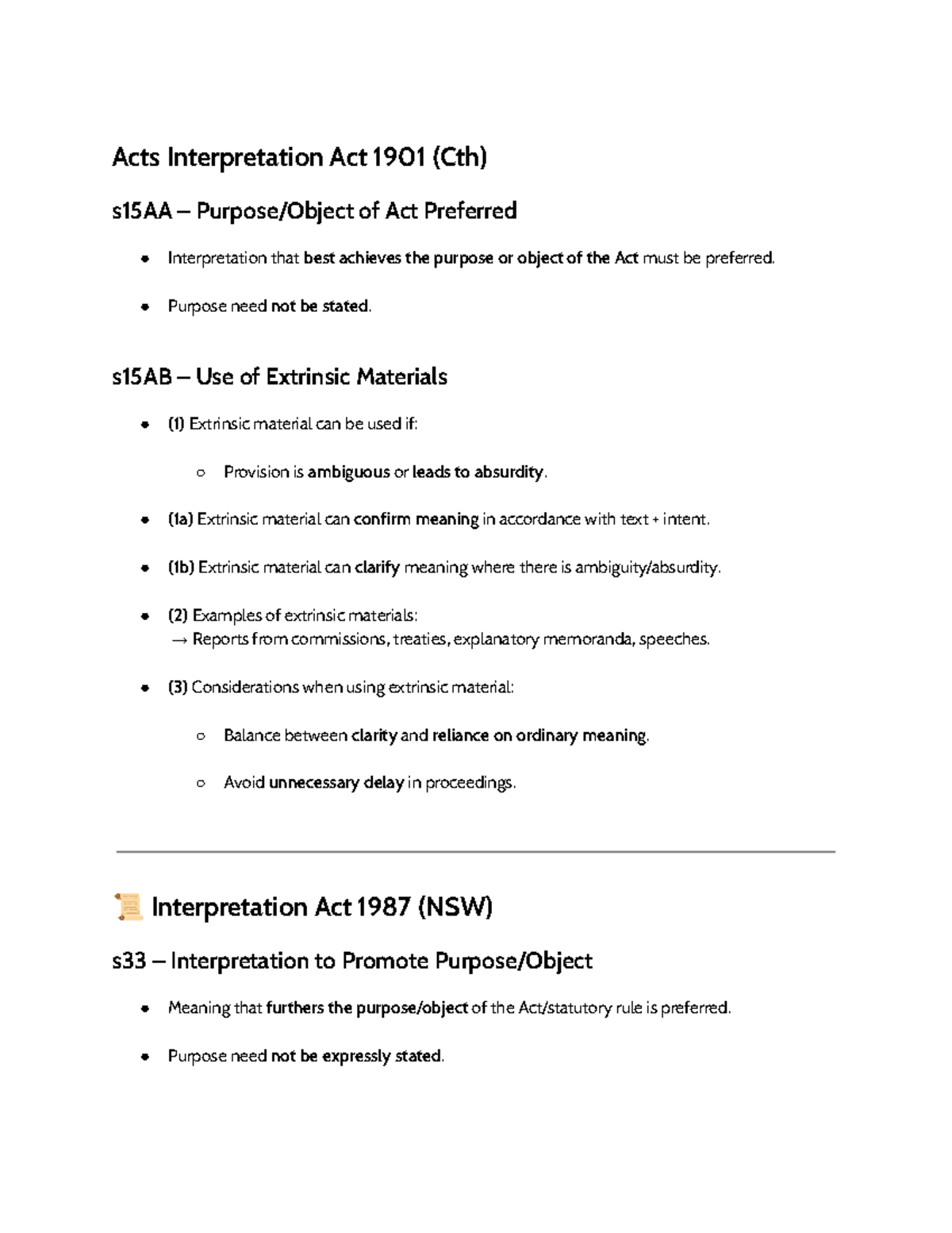 LAWS1052 Final Exam Notes on Statutory Interpretation Principles - Studocu