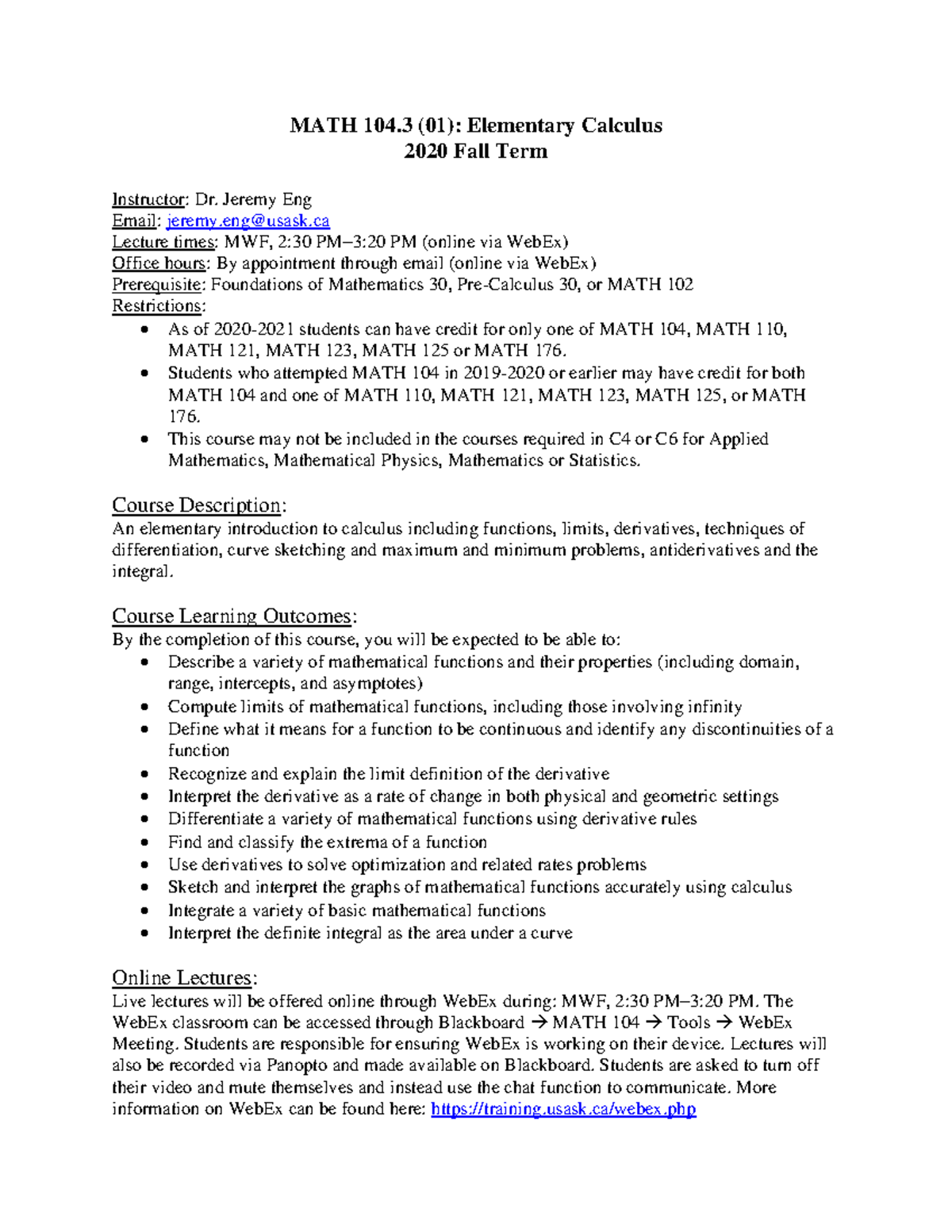 MATH-104(01) Syllabus: Elementary Calculus Overview for Fall 2020 - Studocu