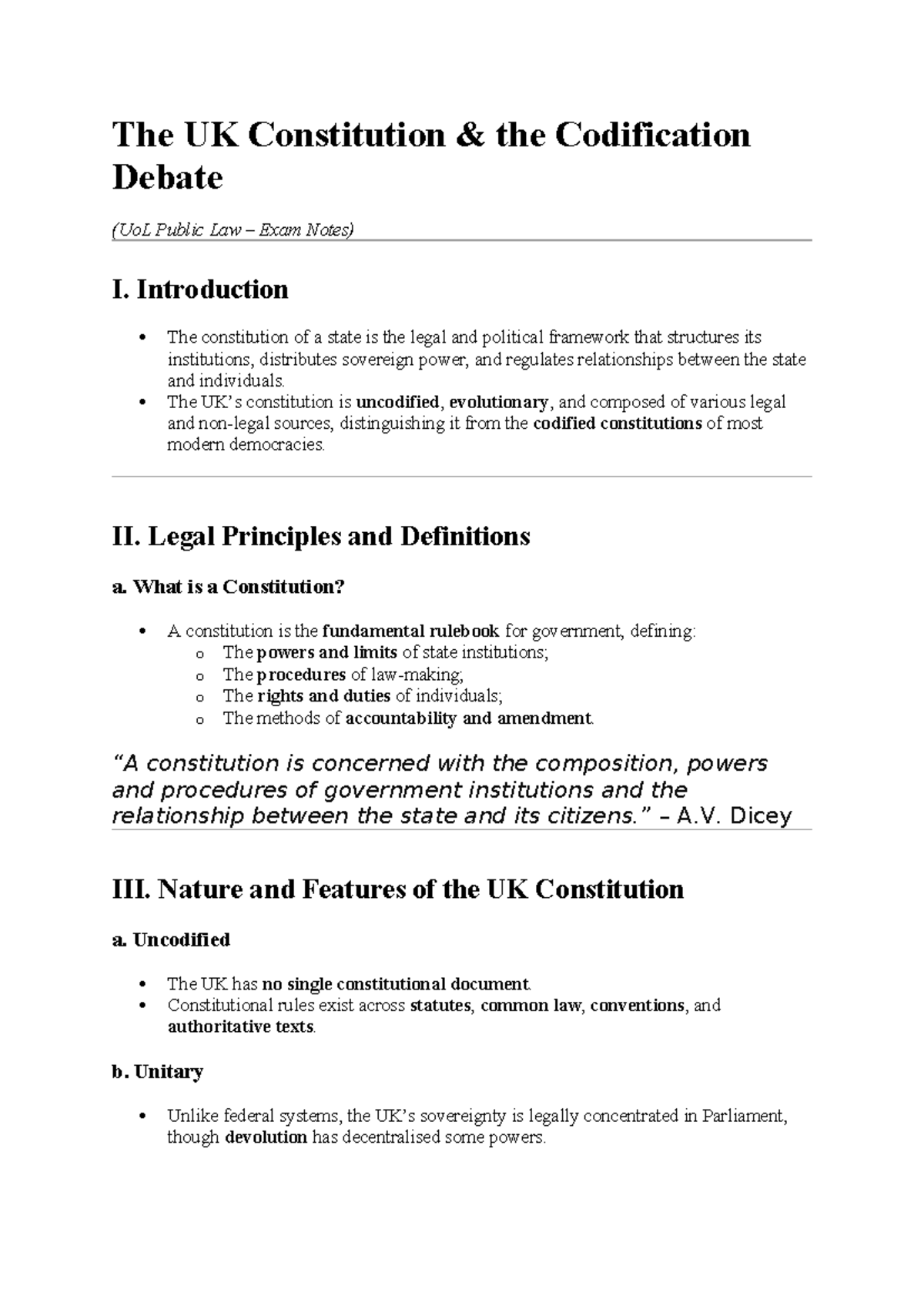 UoL Public Law Exam Notes: The UK Constitution & Rule of Law Debate ...