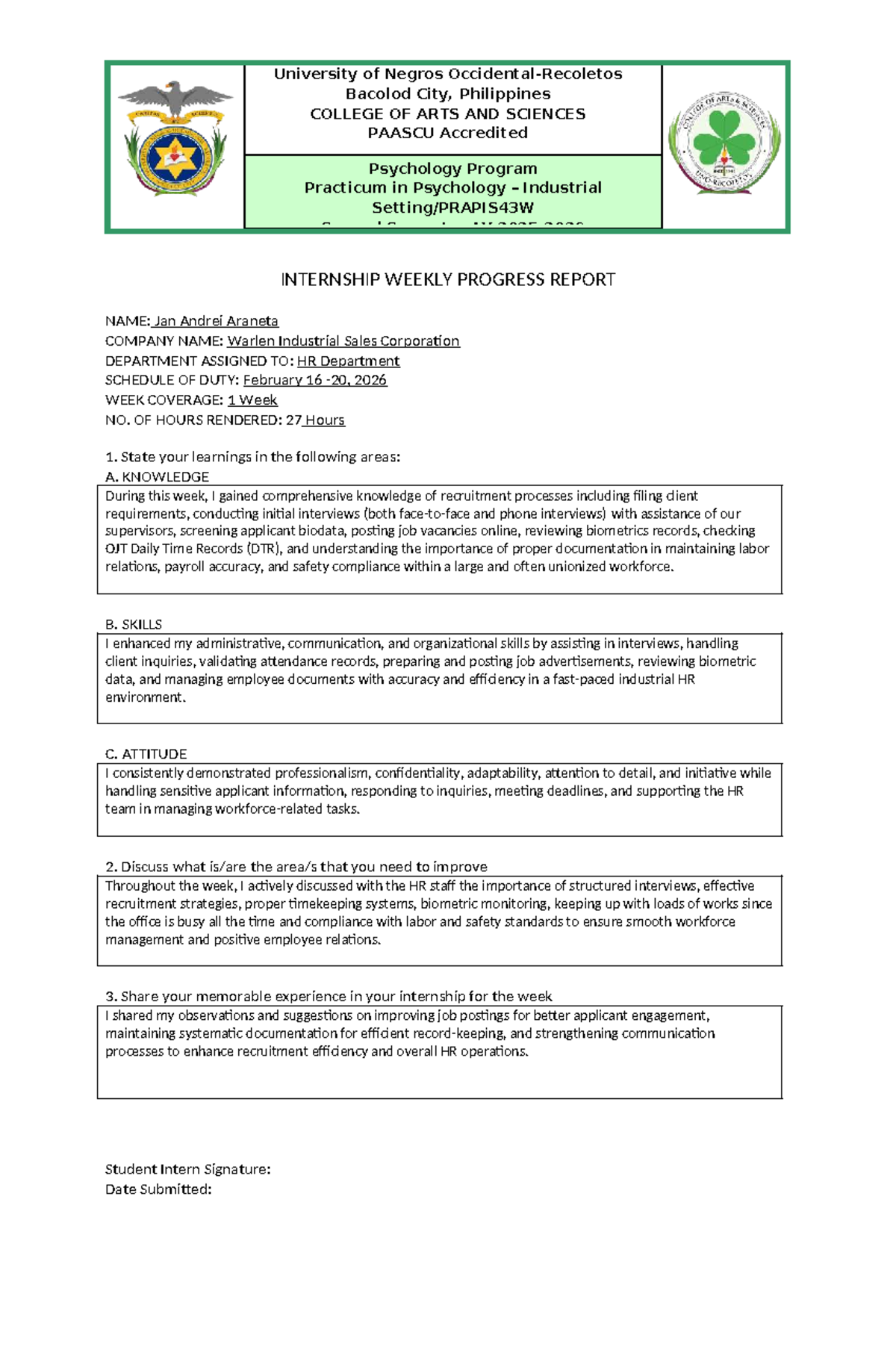Psychology Practicum Internship Weekly Progress Report - 2nd Week - Studocu