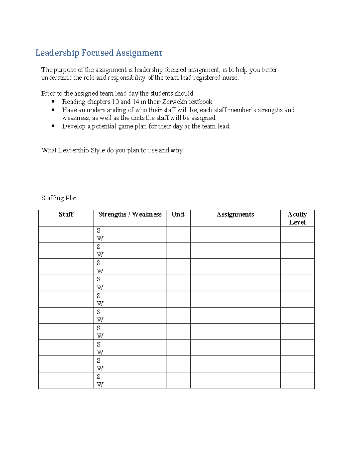 Leadership Focused Assignment - Prior to the assigned team lead day the ...