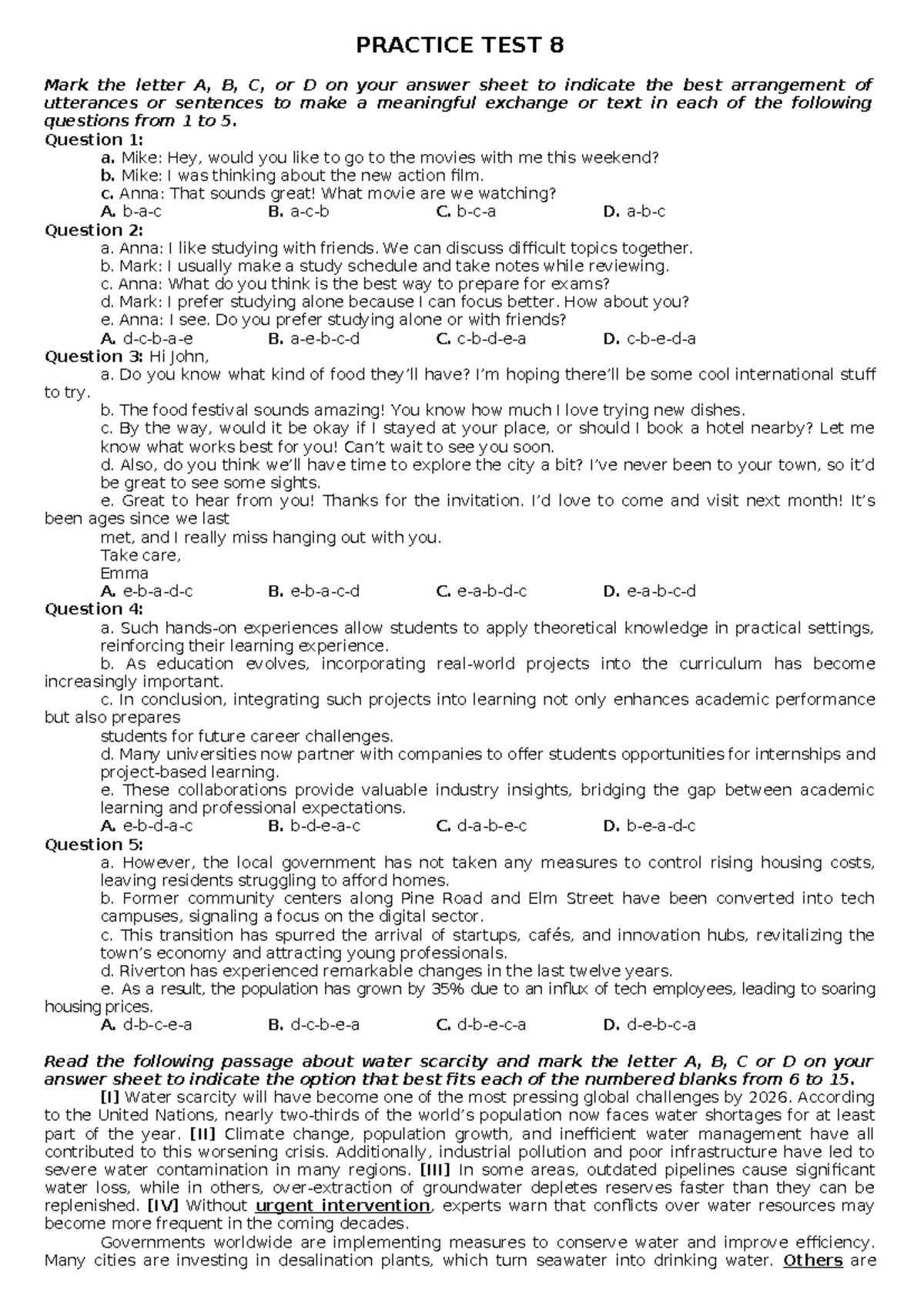Practice Test 8: Grade 12 English Language Skills Assessment - Studocu