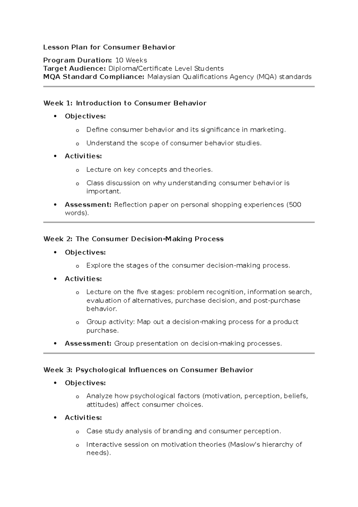 Lesson Plan: Consumer Behavior (10 Weeks) - MQA Compliant - Studocu