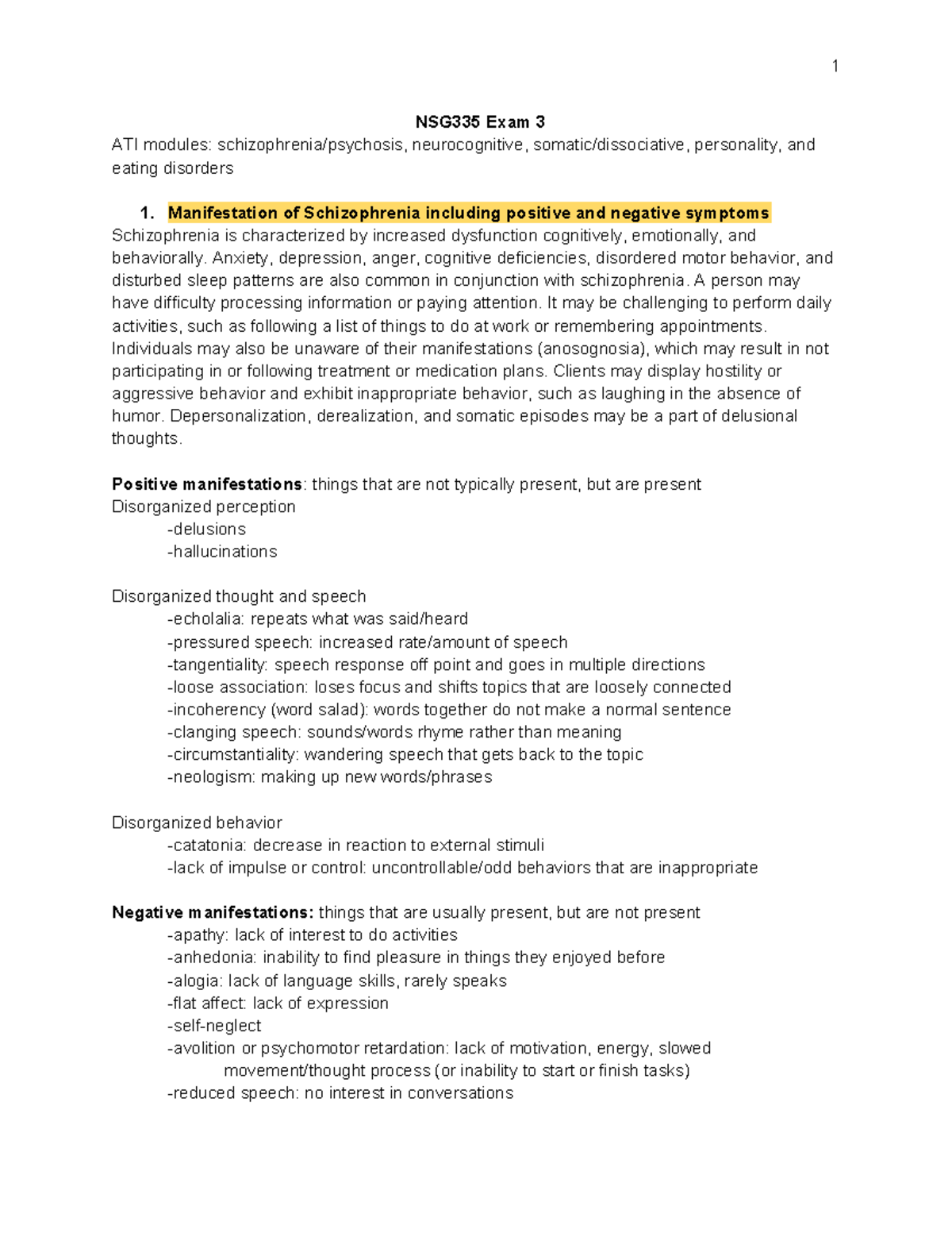 NSG335 Exam 3 Study Guide: Schizophrenia & Neurocognitive Disorders ...