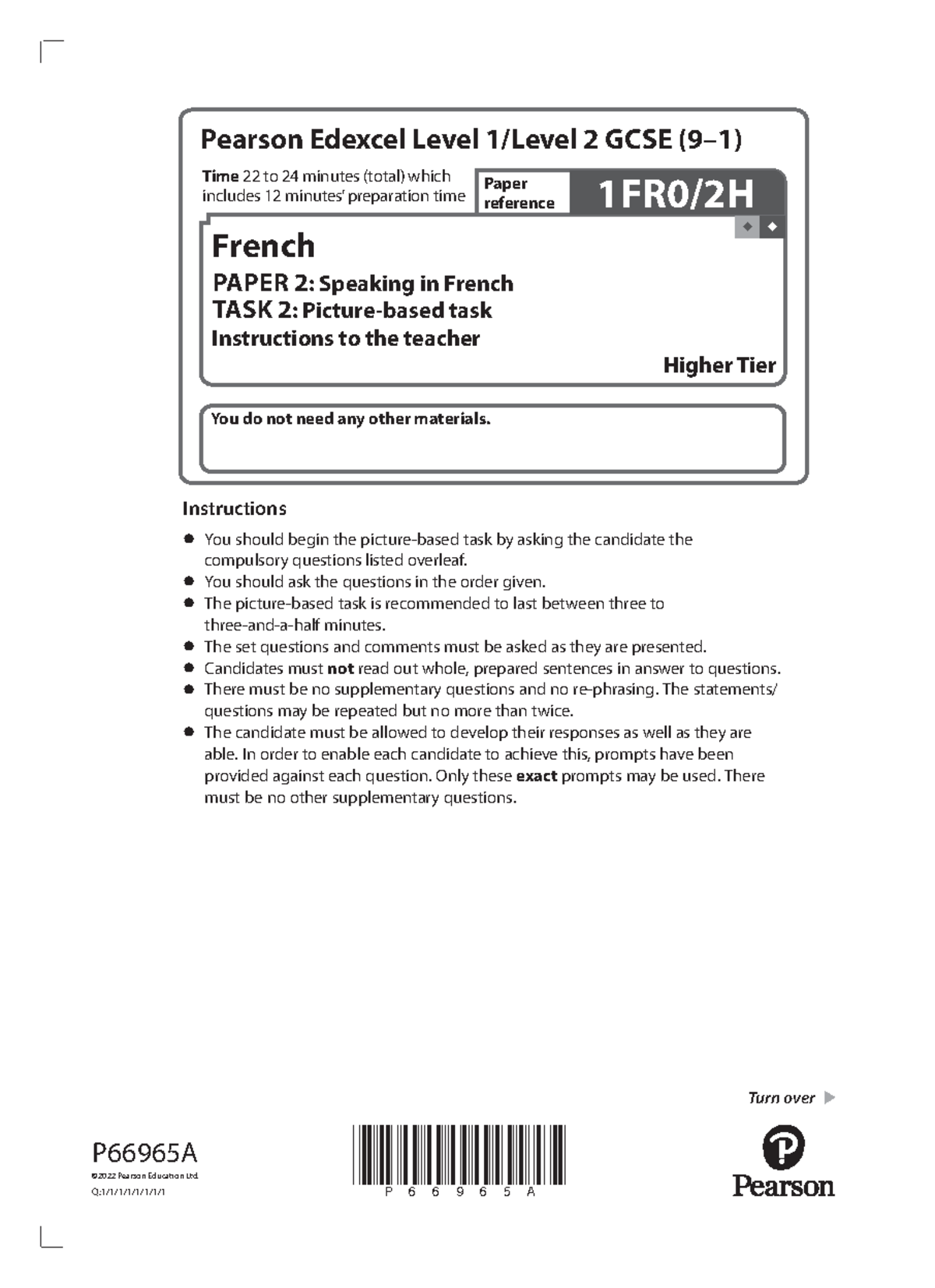 P66965 A GCSE French 1FR0 2H Speaking Picture Task Instructions 2022 ...