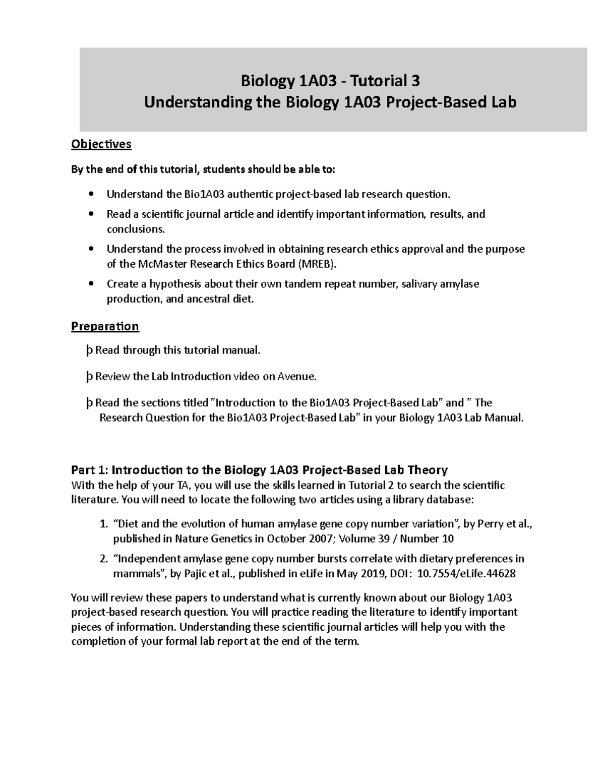 BIO1A03 Tutorial 3 Manual: Understanding Project-Based Lab Research ...