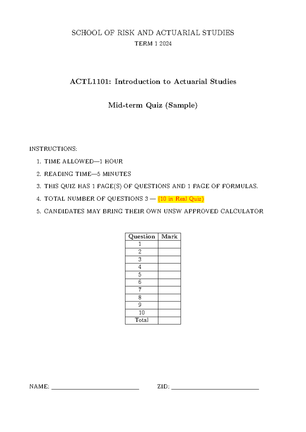 ACTL1101: Mid-term Quiz Sample Solutions - Introduction to Actuarial ...