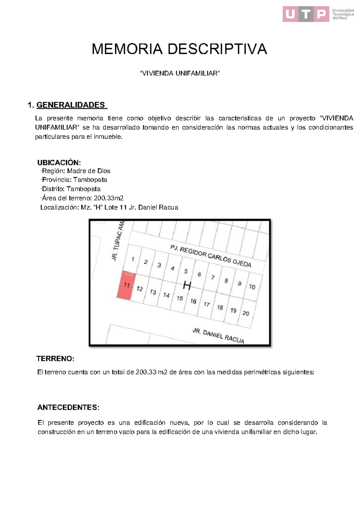 Memoria Descriptiva del Proyecto de Vivienda Unifamiliar TA3 - Studocu