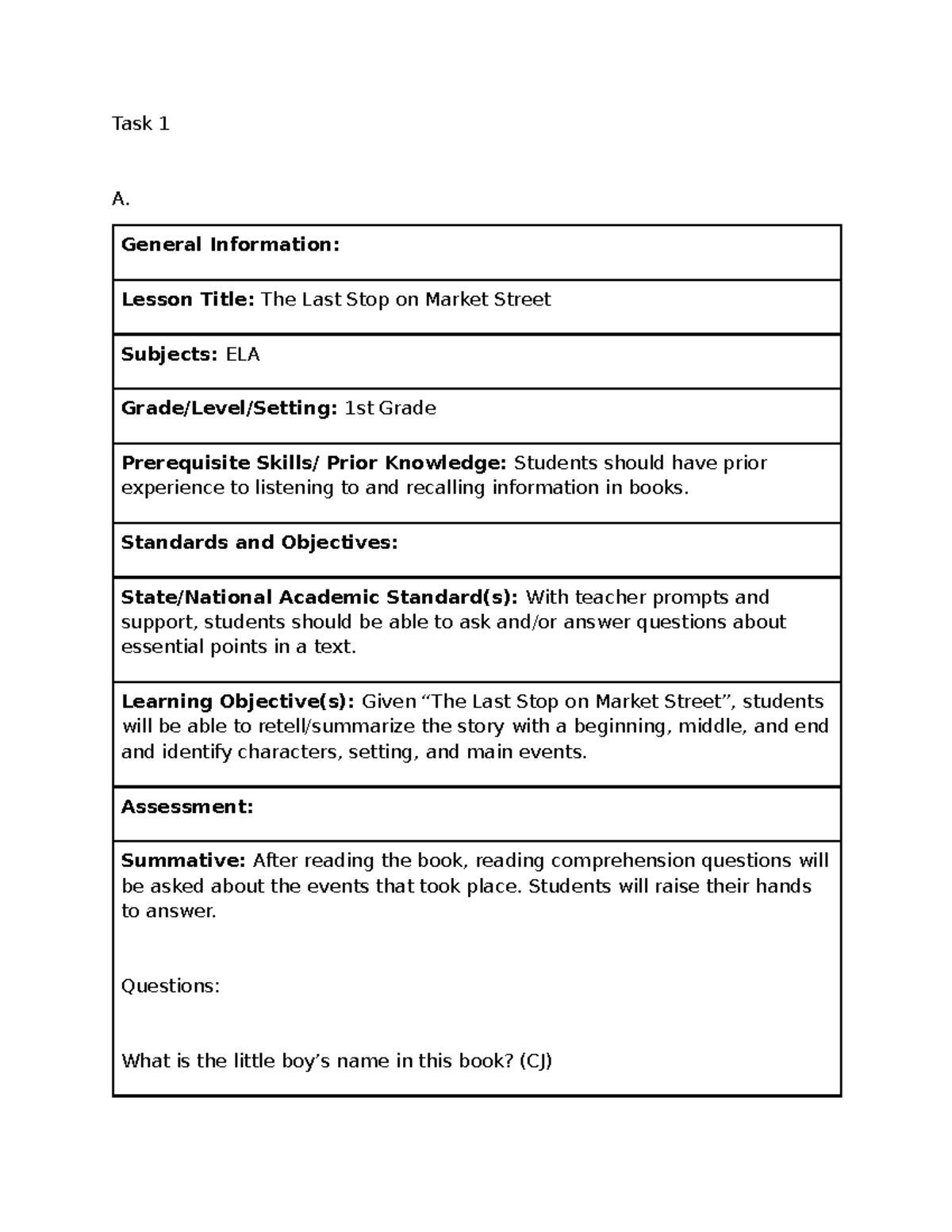 FLTL Task 1: Lesson Plan for 