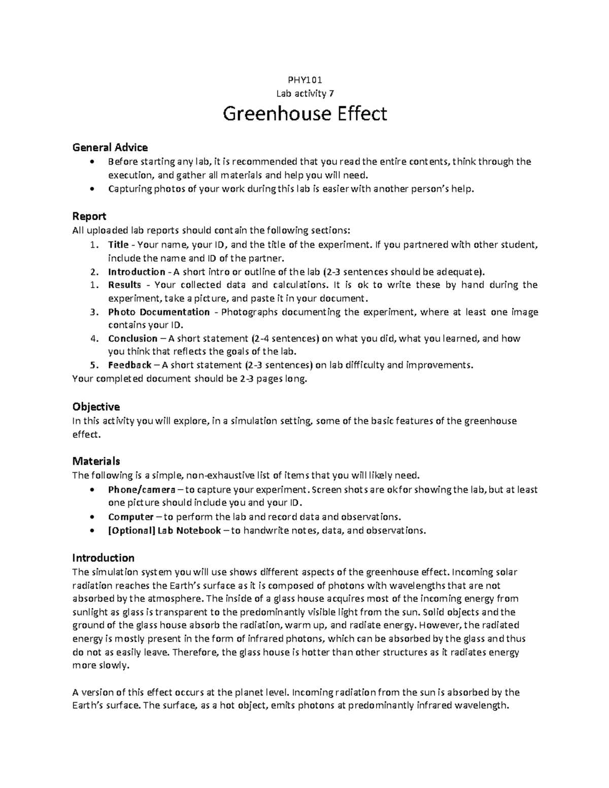 PHY Lab Activity 07: Understanding the Greenhouse Effect Simulation ...