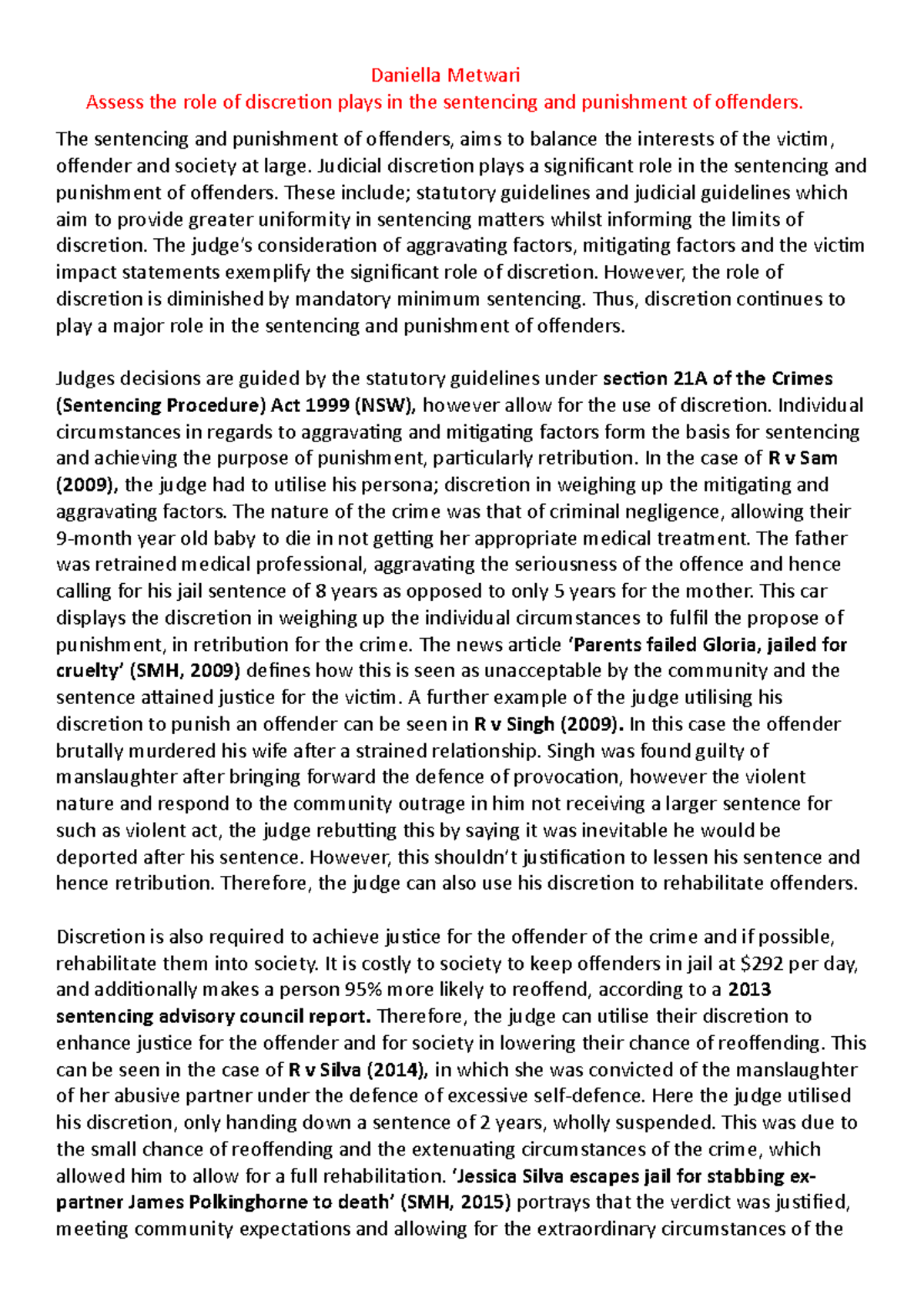 Assessing Judicial Discretion in Sentencing: A Crime Essay (Daniella ...