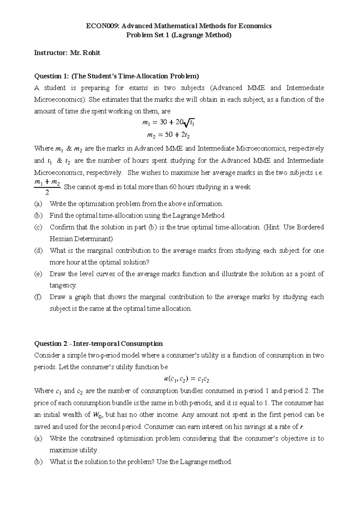 ECON009: Problem Set 1 - Lagrange Method in Advanced MME - Studocu