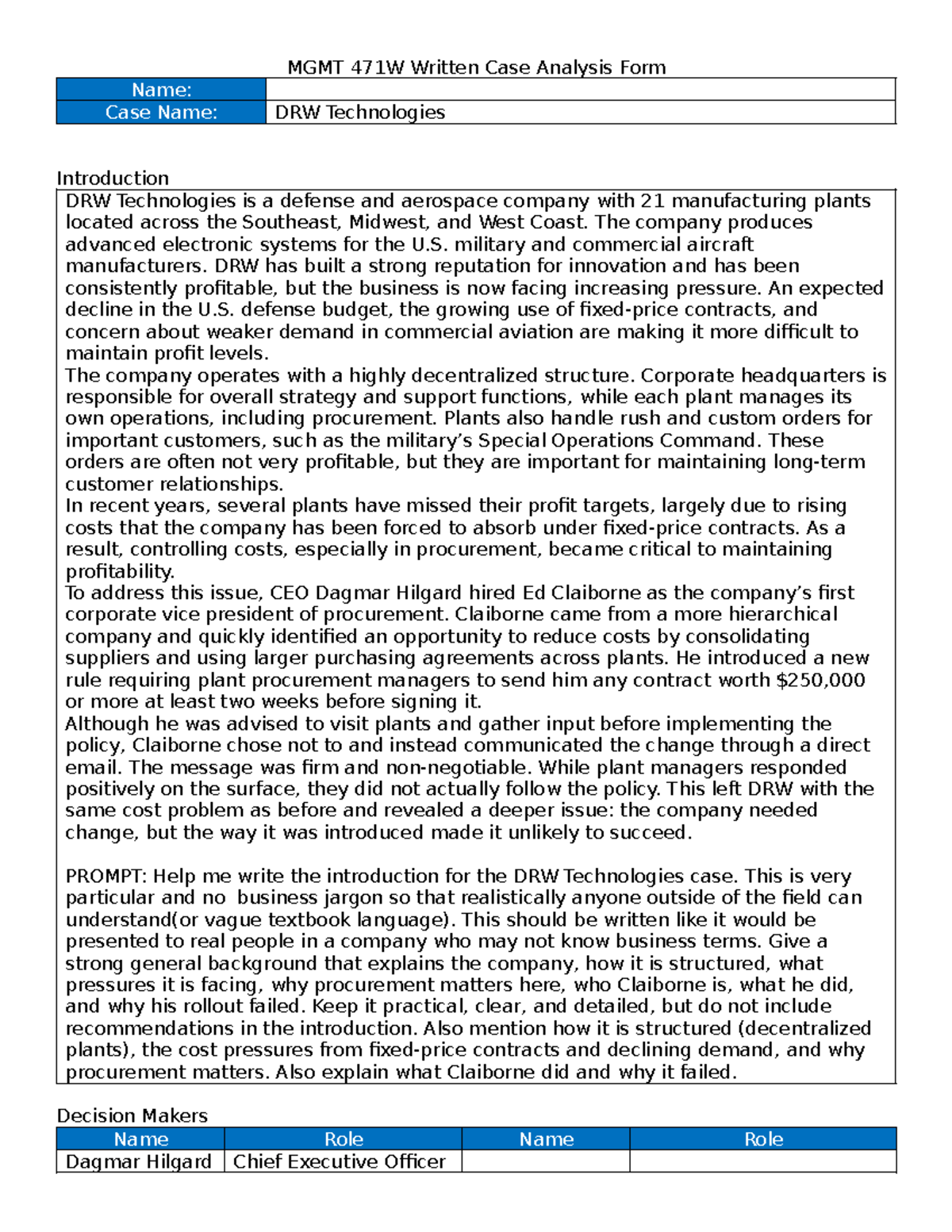 MGMT 471W Case Study: DRW Technologies Analysis and Recommendations ...