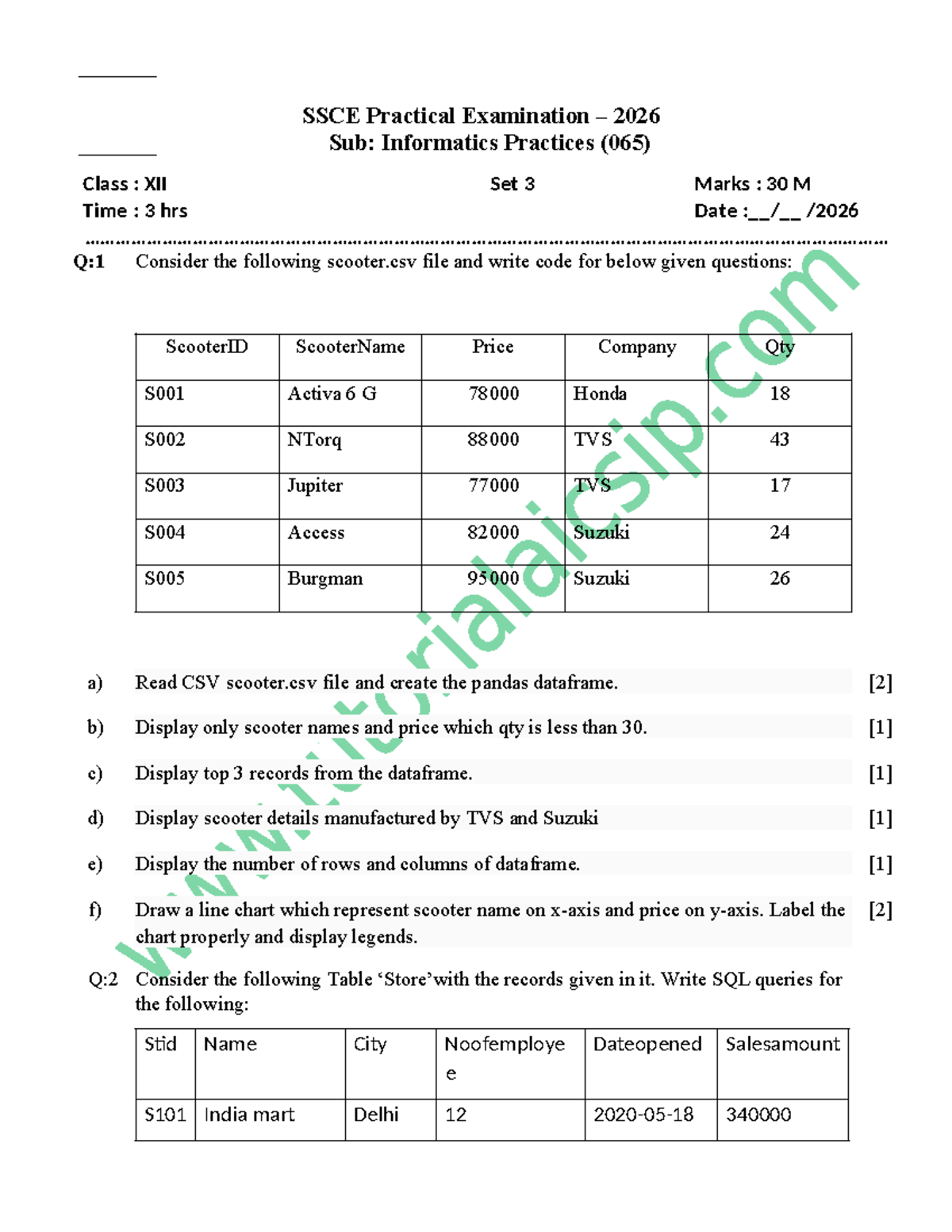 SSCE Practical Exam Paper 2026: Informatics Practices (065) Set 3 - Studocu