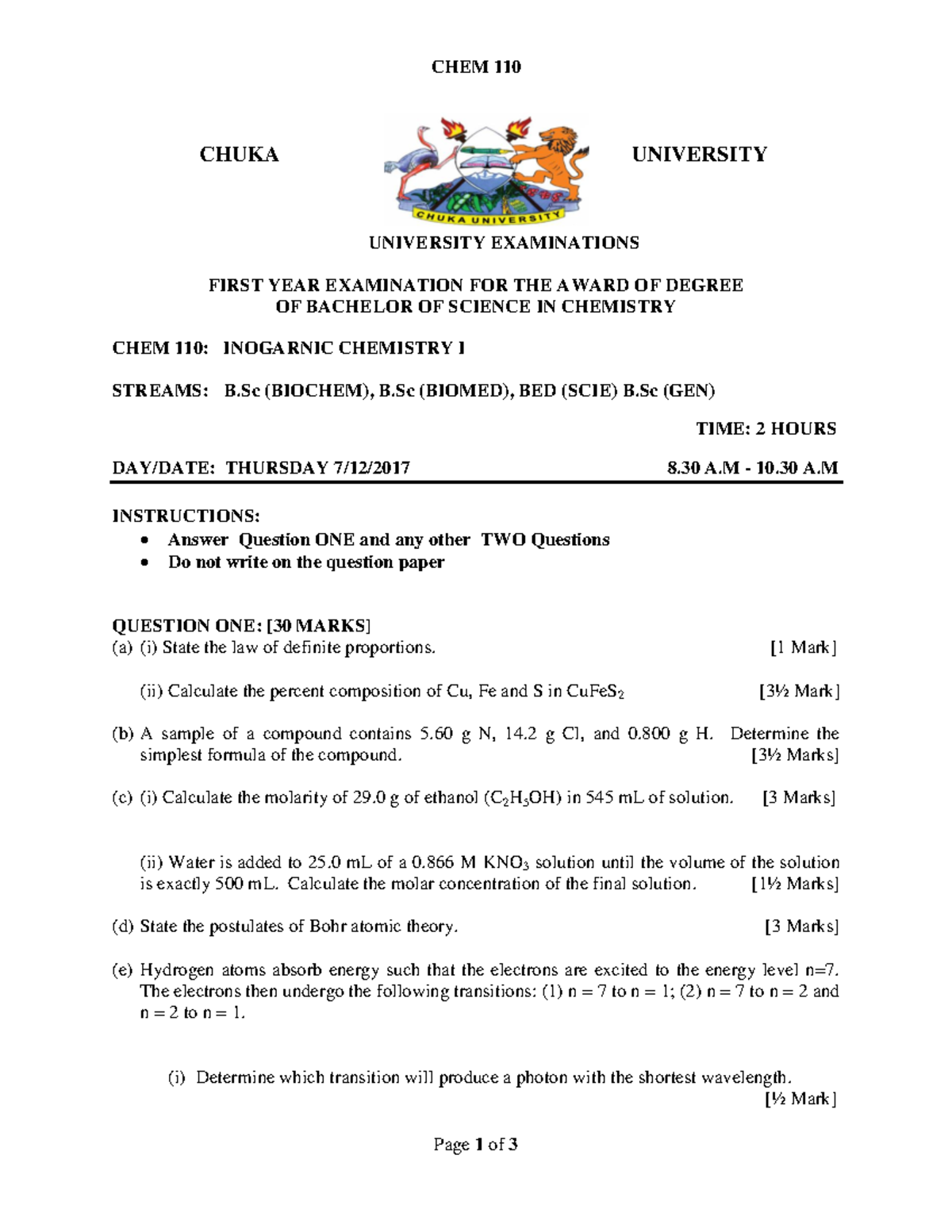 CHEM 110 - Inorganic Chemistry I Exam Notes and Questions - Studocu