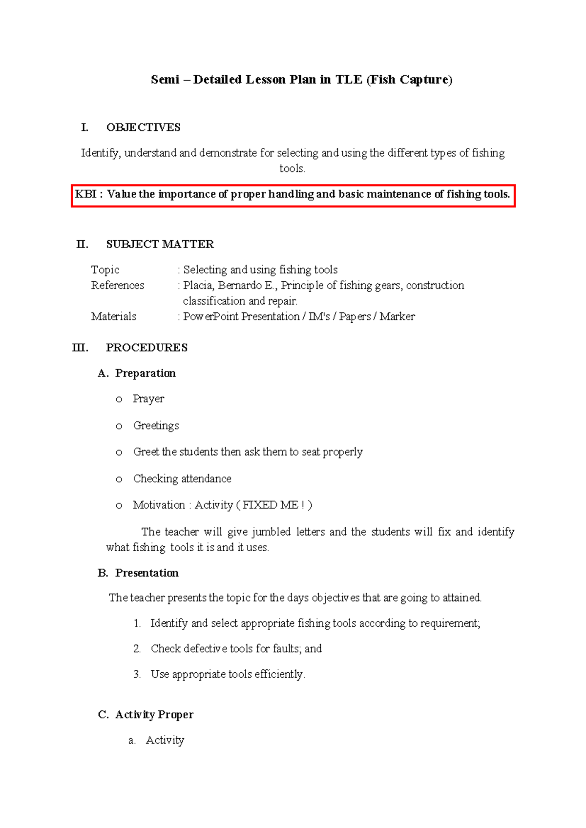 Lesson Plan in TLE (Fish Capture) - Selecting Fishing Tools - Studocu