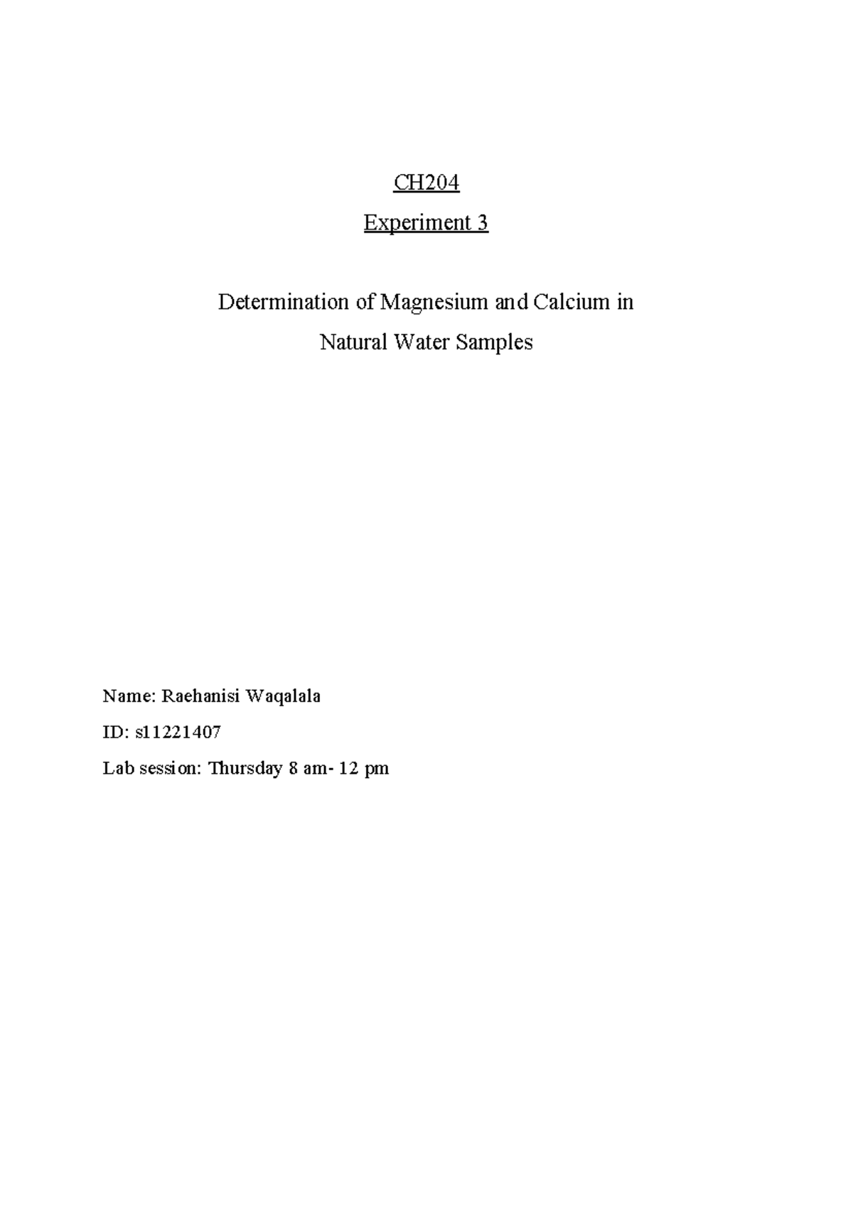 CH204 Lab 3 Report: Analyzing Magnesium & Calcium in Natural Water ...