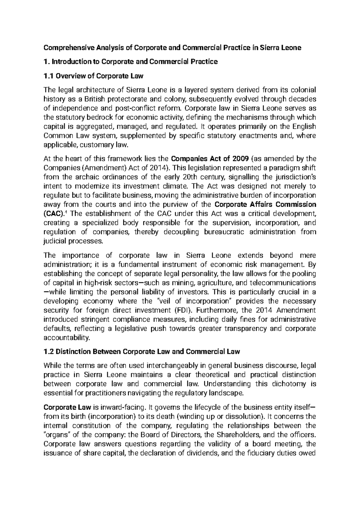 Commercial Law in Sierra Leone: Comprehensive Lecture Notes - Studocu