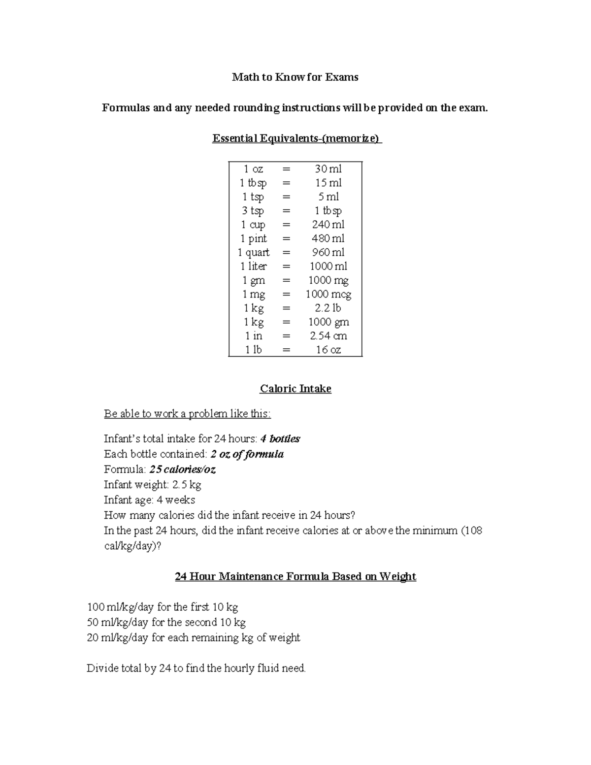 Math Exam Preparation: Essential Formulas & Caloric Intake Guide - Studocu
