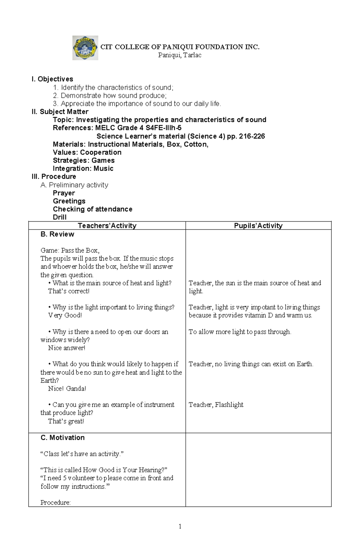 CIT COLLEGE OF PANIQUI FOUNDATION INC. Science 4 Lesson Plan on Sound ...