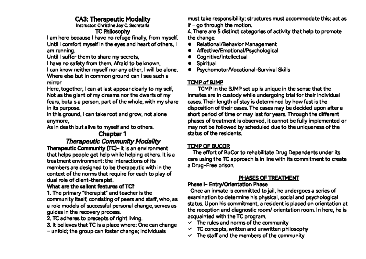 CA3: Therapeutic Community Modality Overview and Key Concepts - Studocu
