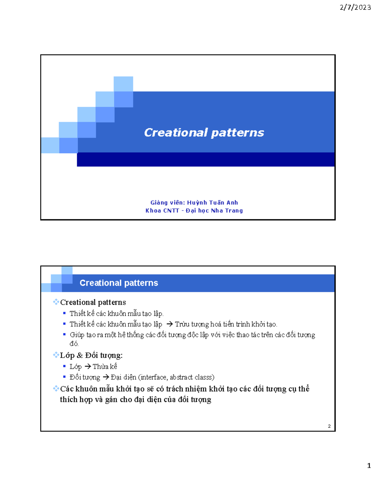 Creational Patterns in Software Design - Khoa CNTT Nha Trang - Studocu
