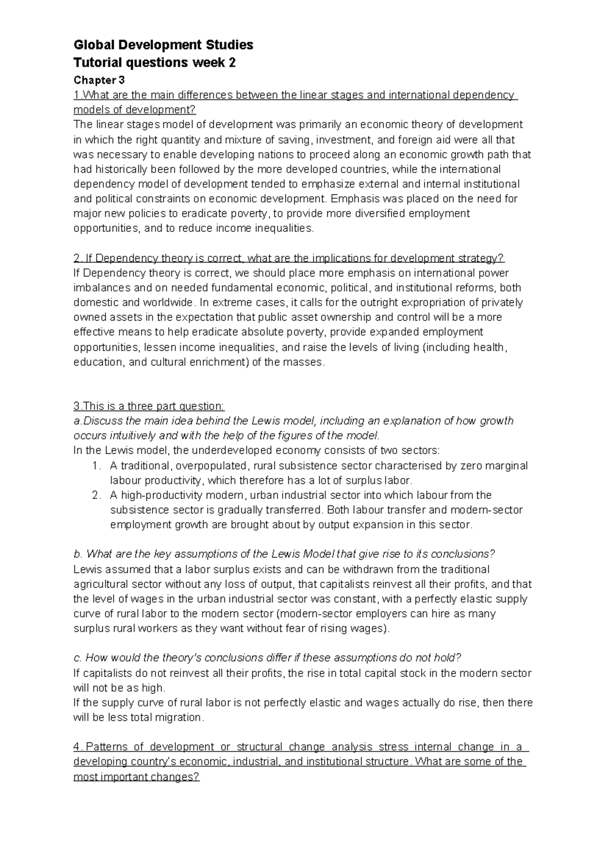 Global Development Studies (GDS 201) Tutorial Questions - Week 2 ...