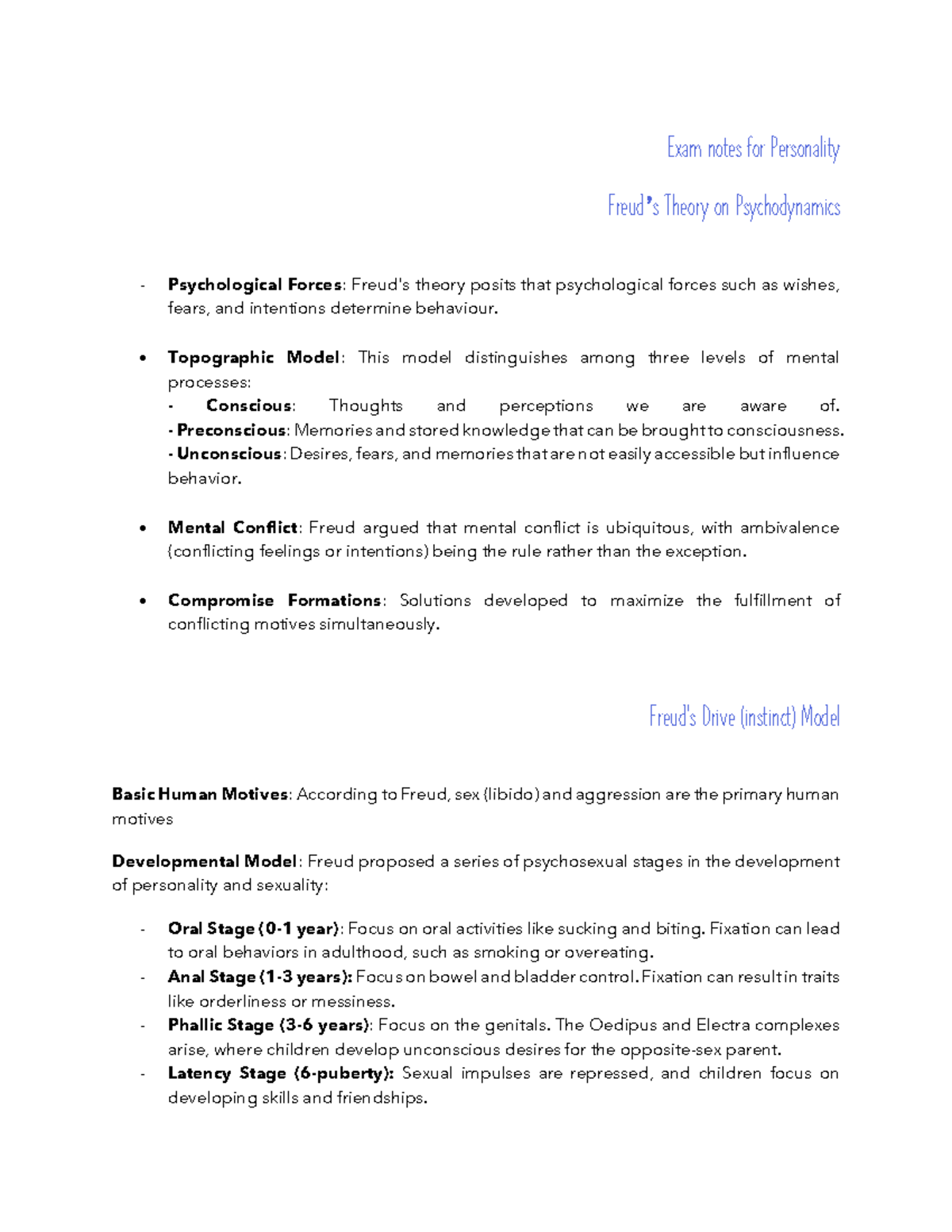 Personality Exam Notes: Key Theories & Concepts in PSY 201 - Studocu